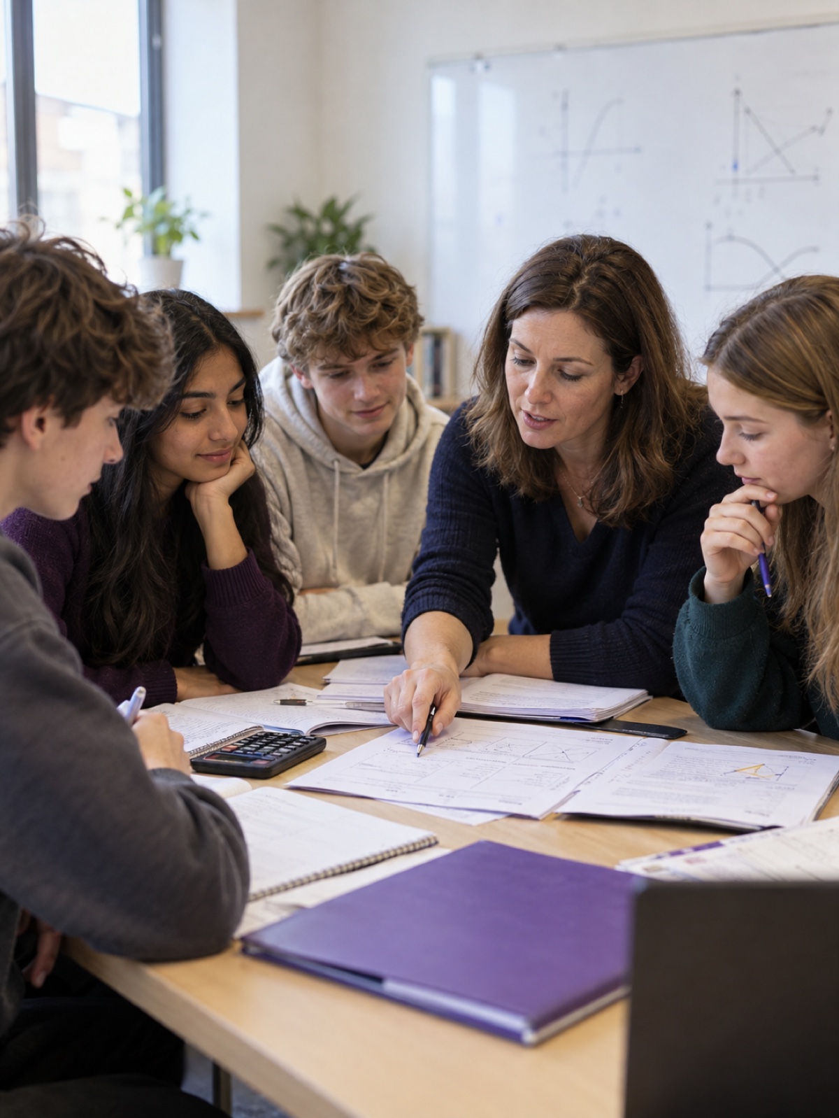 Tutor leading a small-group GCSE revision session with students at a table