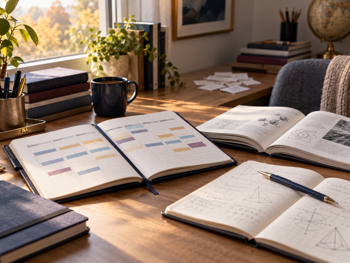 Open term planner with colour-coded weekly schedule alongside GCSE maths and science notebooks, showing a structured approach to studying across the year